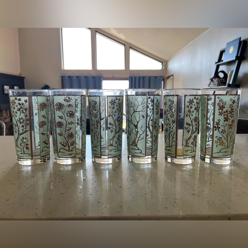 Vintage Mid Century Libbey Highball Glasses (6) Green w/ Gold Trees & Flowers